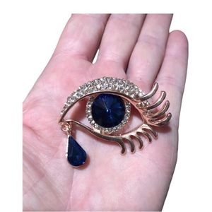 Nwot Eye Teardrop Brooch Blue Clear Crystals Rosegold Finish 2”